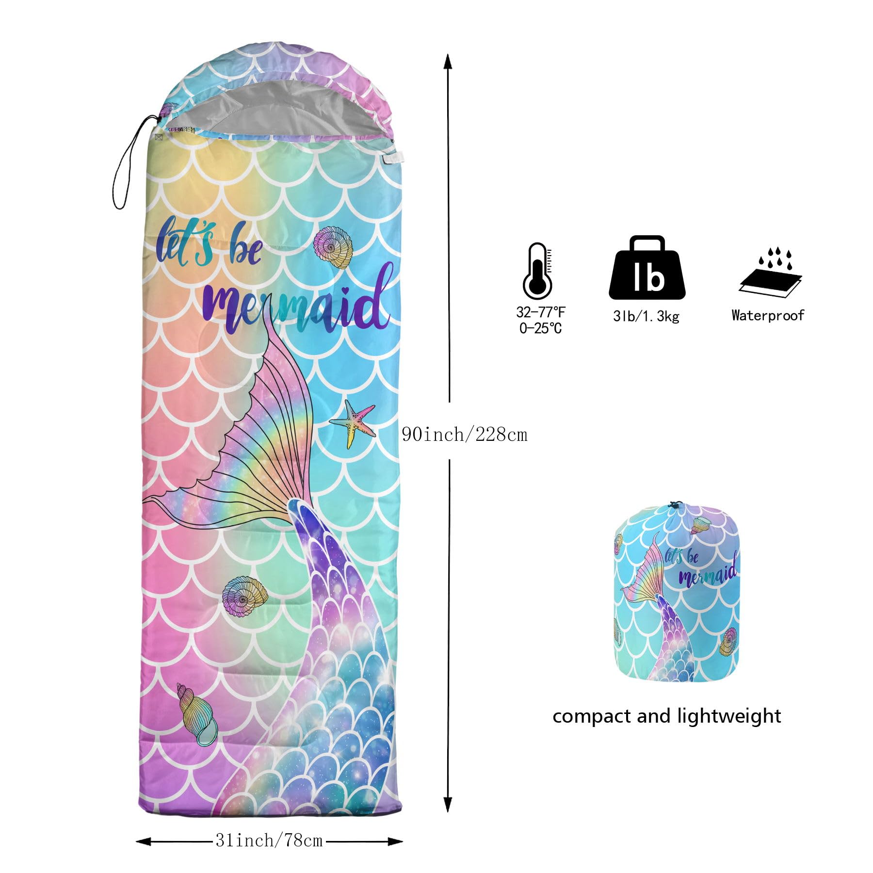 Datura Home Mermaid sleeping bag compression sack enables easy transport.