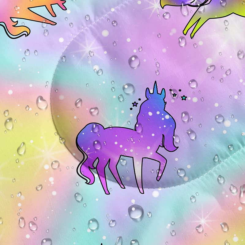 Datura Home Rainbow Unicorn sleeping bag care guide shows simple wipe-down maintenance.