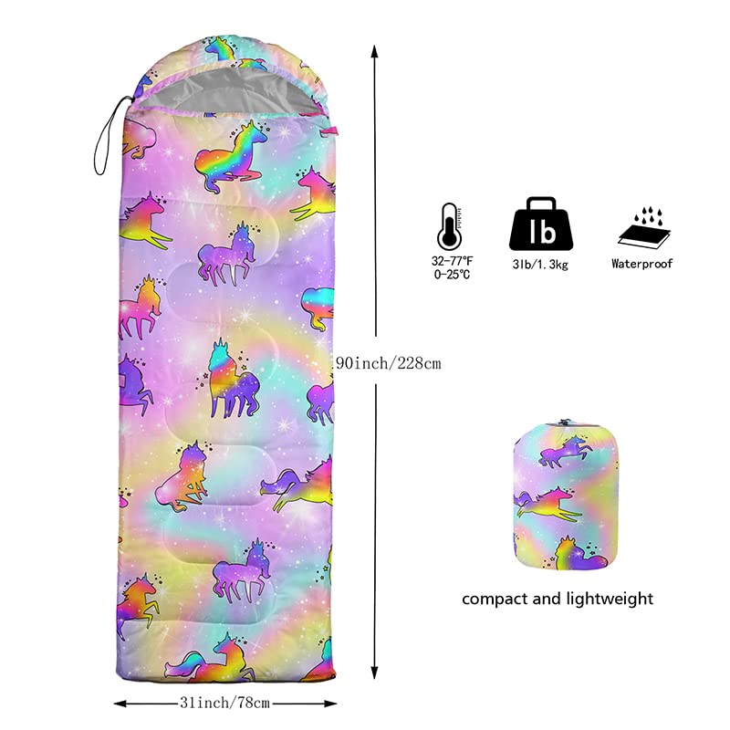 Datura Home Rainbow Unicorn sleeping bag compression sack demonstrates easy portable storage.