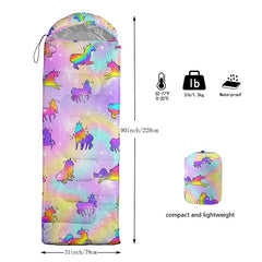 Datura Home Rainbow Unicorn sleeping bag compression sack demonstrates easy portable storage.