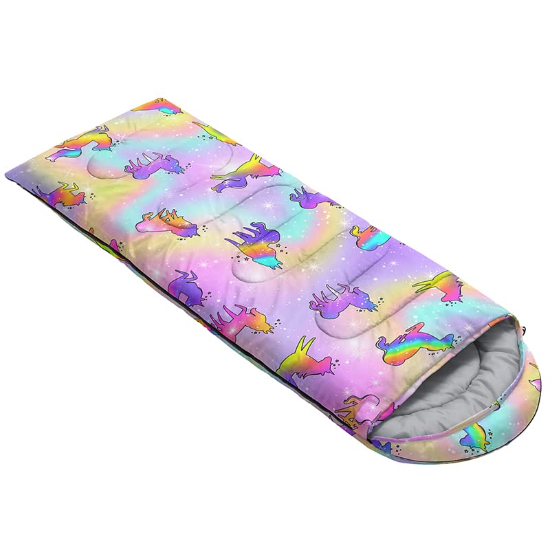 Datura Home Rainbow Unicorn sleeping bag hood detail shows adjustable warmth and fit.