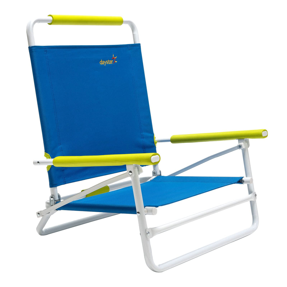 Daystar SunnyFeel low folding beach chair folded for compact travel and storage.