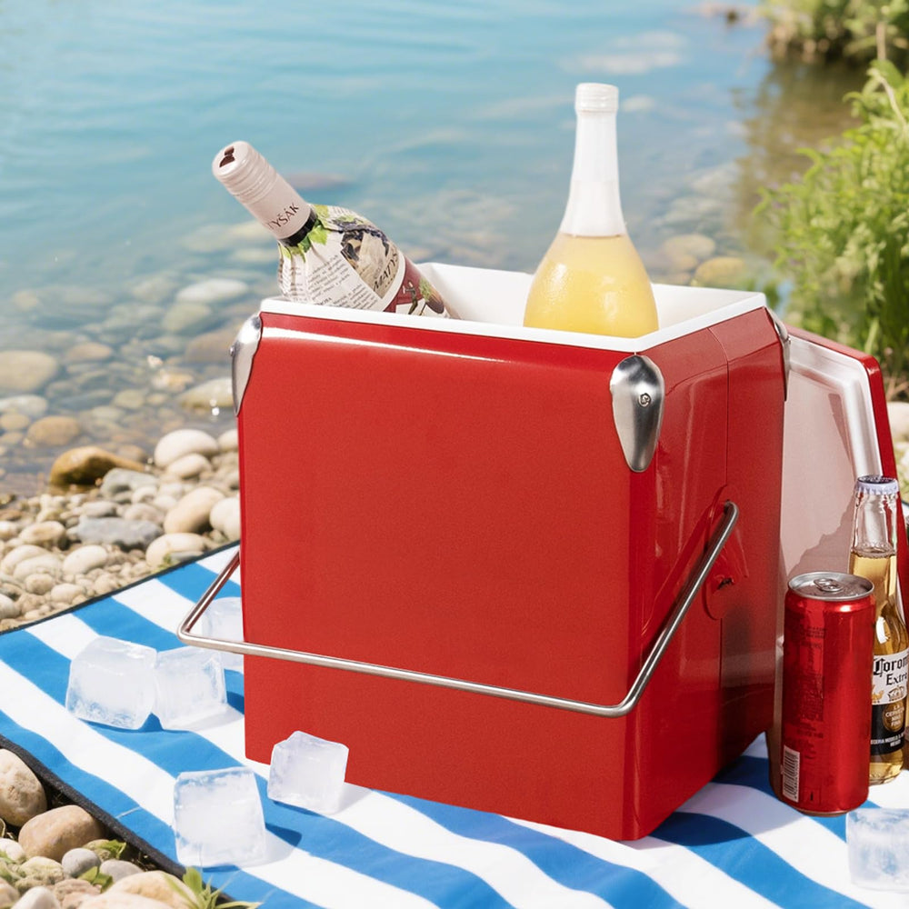 Dazefree Retro Cooler red on beach setup for picnics.