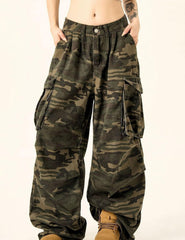 DAZZLZZAD Y2K camo pants back view highlighting silhouette
