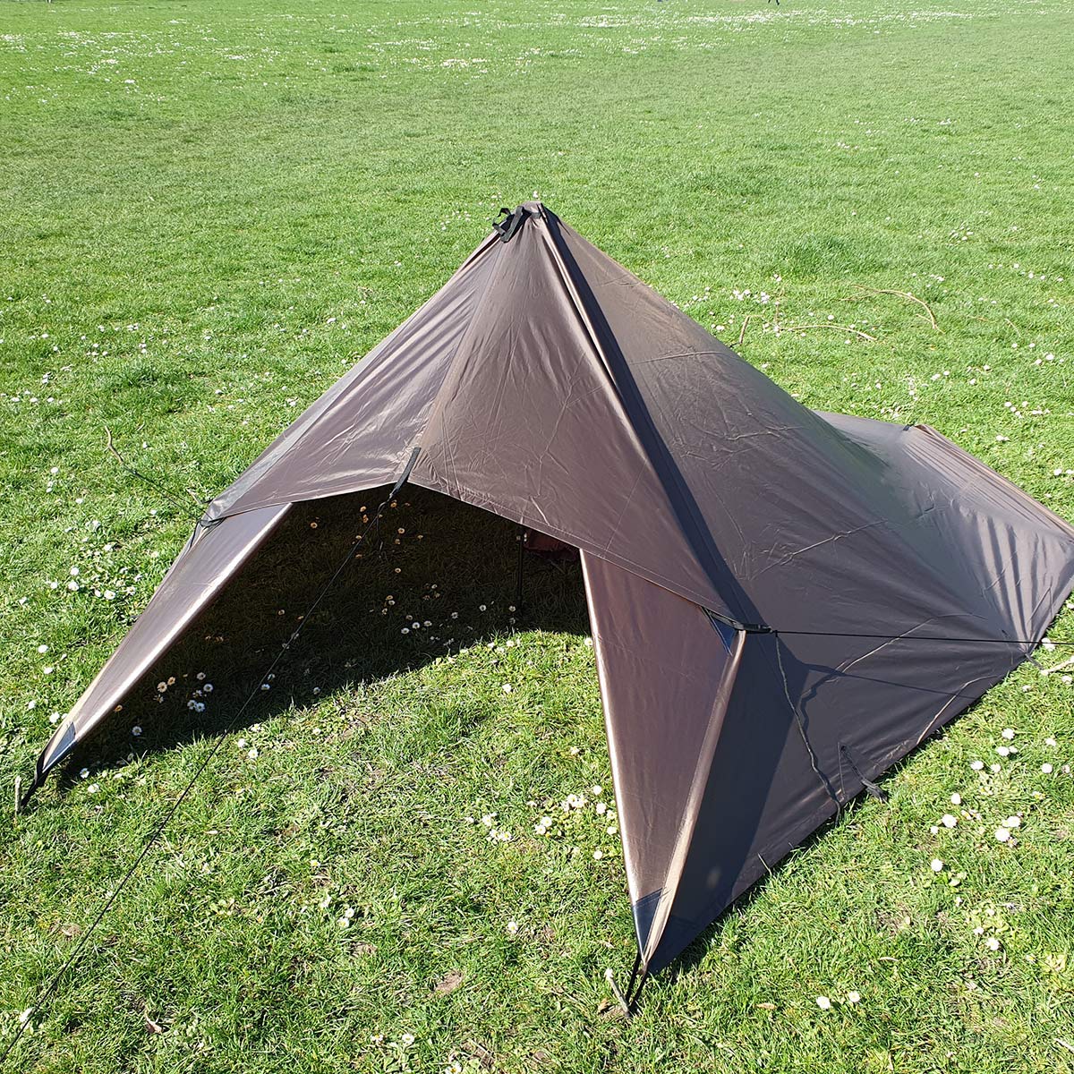 DD Hammocks DD Tarp 3x3 Coyote Brown between trees setup highlights versatile shelter options.