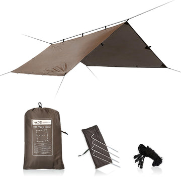 DD Hammocks DD Tarp 3x3 Coyote Brown front view shows compact shelter for sudden showers.