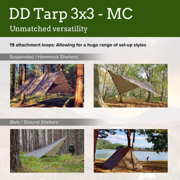DD Hammocks DD Tarp 3x3 MC ready-to-pitch setup with pegs and guy-lines.