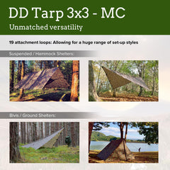 DD Hammocks DD Tarp 3x3 MC ready-to-pitch setup with pegs and guy-lines.