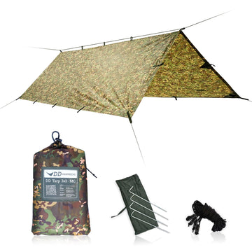 DD Hammocks DD Tarp 3x3 MC setup demonstrates a stormproof shelter in woodland terrain.