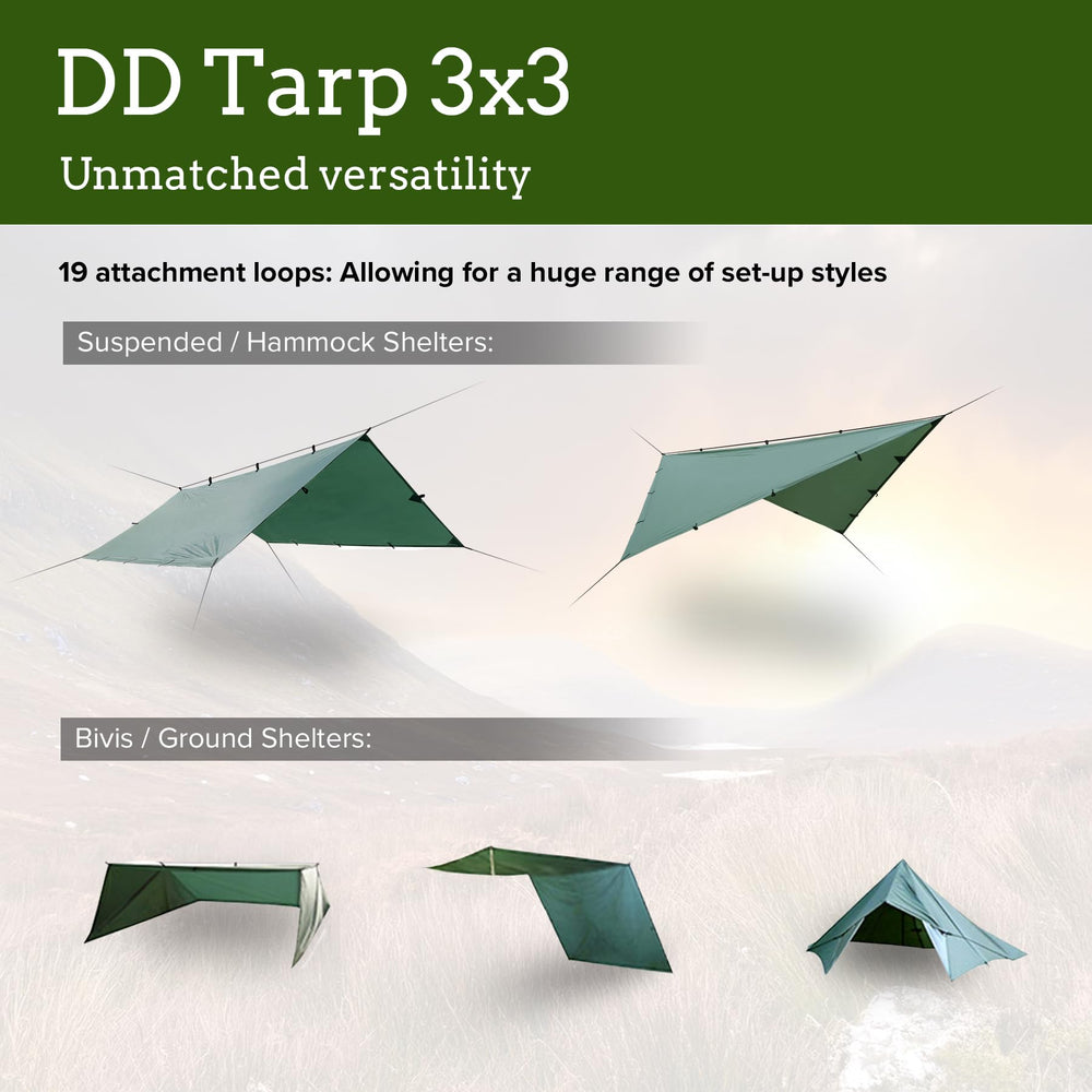 DD Hammocks DD Tarp 3x3 olive green lightweight at 790g excluding pegs and lines