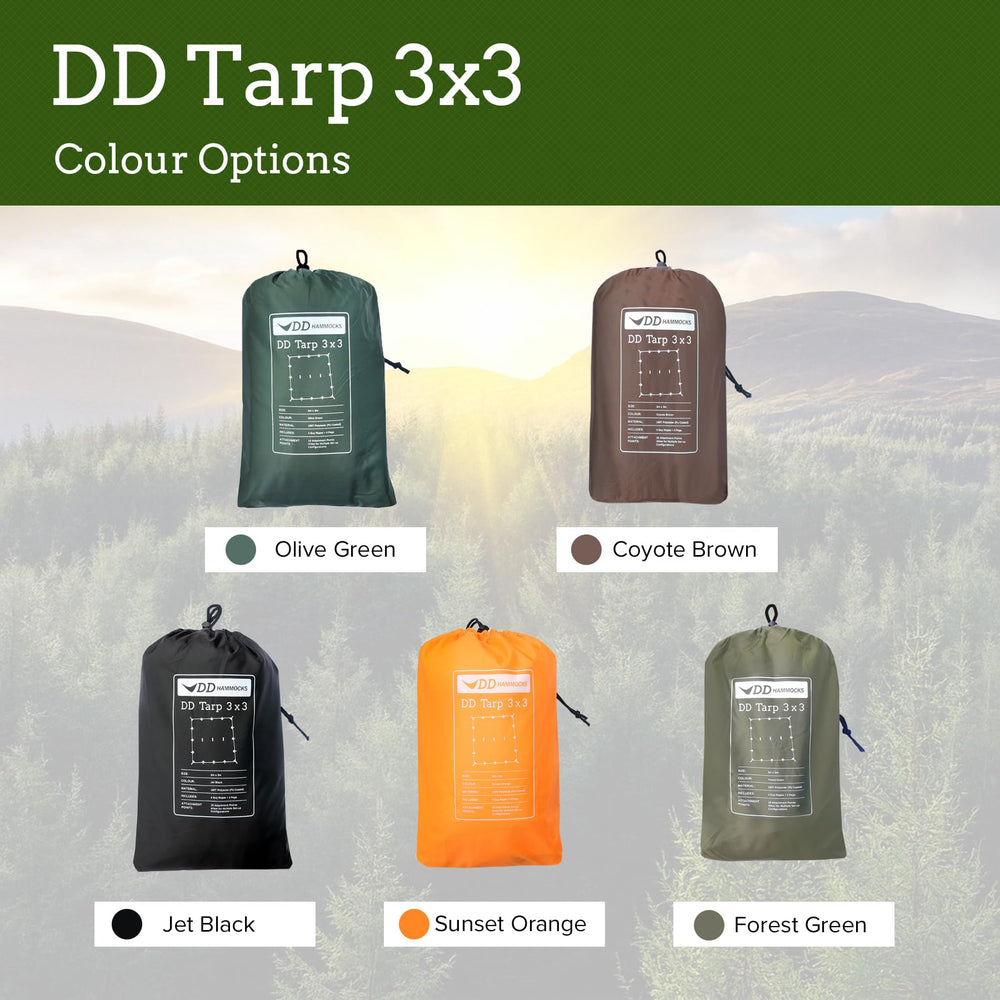 DD Hammocks DD Tarp 3x3 olive green ready-to-pitch with four pegs and four guy-lines
