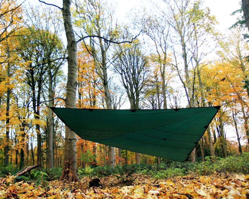 DD Hammocks DD Tarp 4x4 olive ready to pitch with pegs and lines.