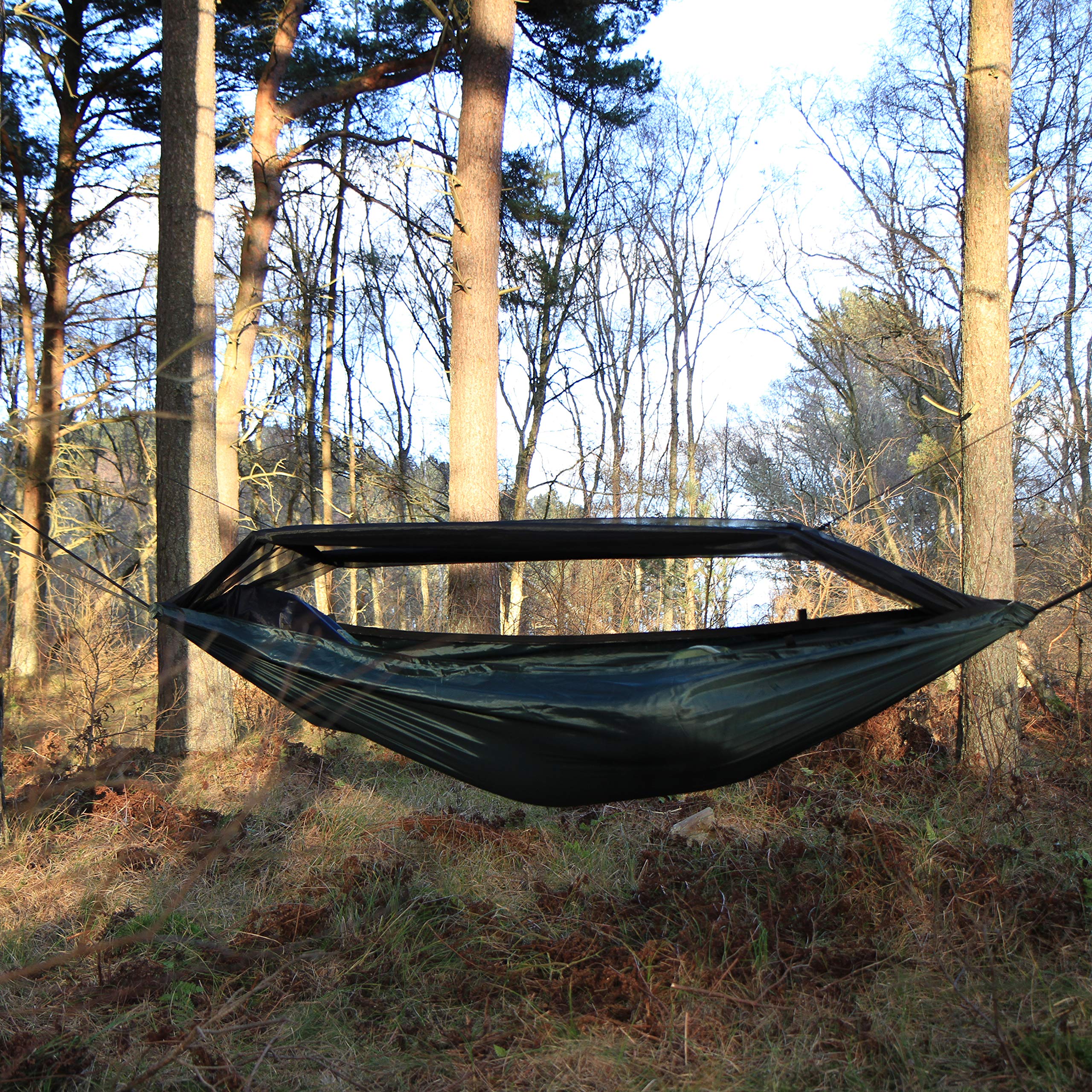 DD Hammocks Frontline Hammock includes webbing, cord, poles, and stuff sack for quick setup