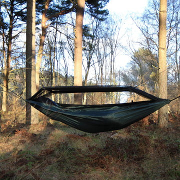 DD Hammocks Frontline Hammock includes webbing, cord, poles, and stuff sack for quick setup