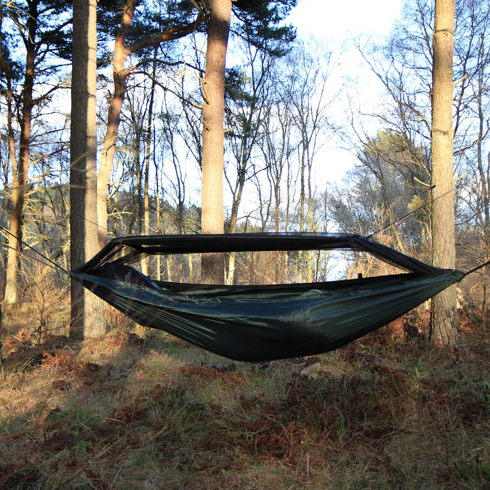 DD Hammocks Frontline Hammock includes webbing, cord, poles, and stuff sack for quick setup