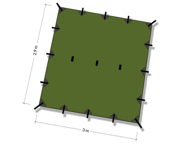 DD Hammocks Superlight Tarp visible 10x10 footprint ready for rain shelter