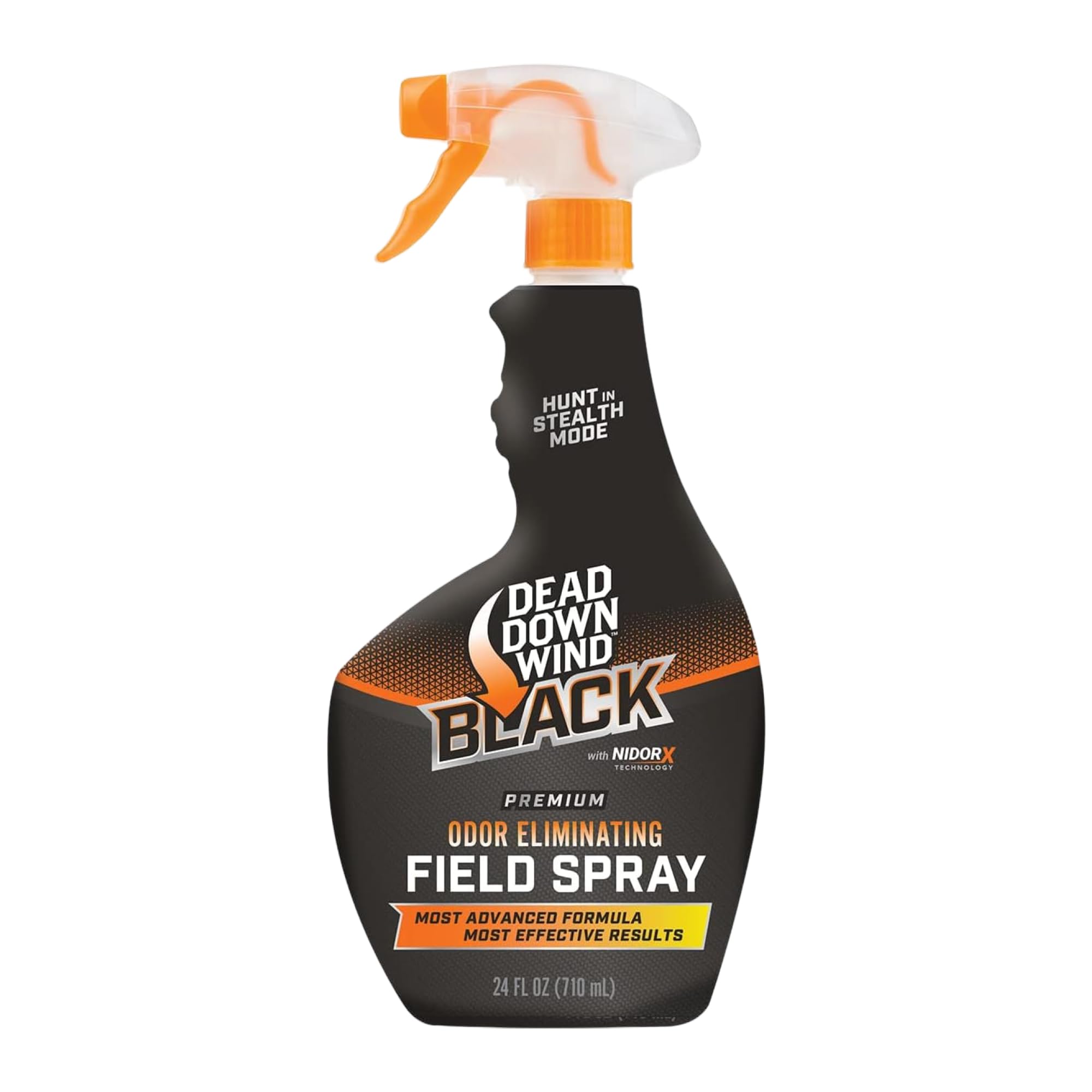 DEAD DOWN WIND Black field spray bottle applied to hunting gear for odor control