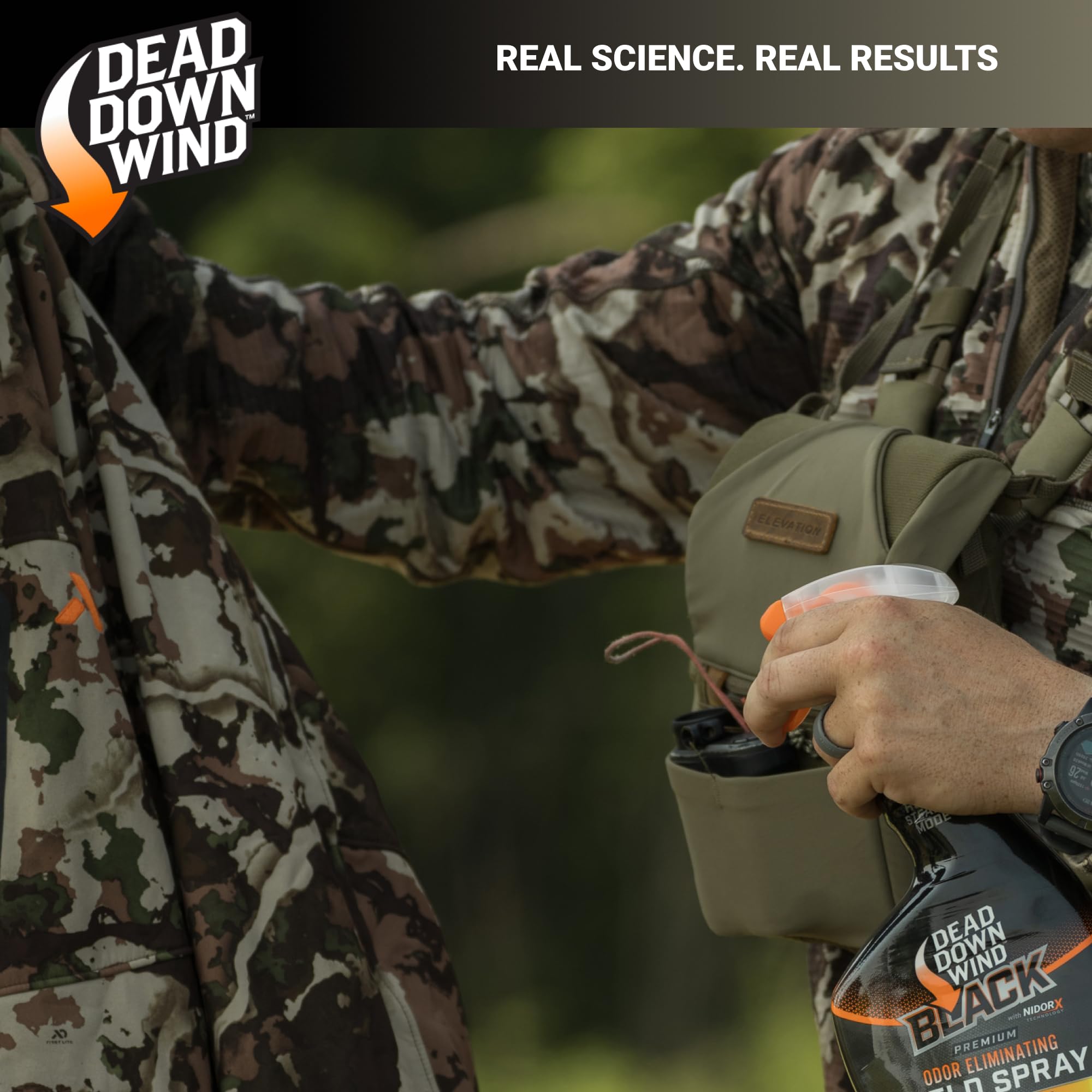 Field application of DEAD DOWN WIND Black spray on gear before hunt