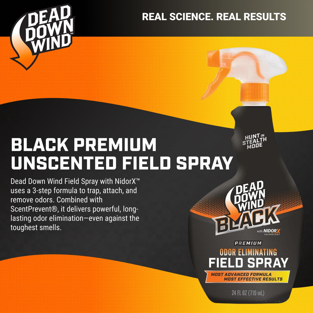 Close-up of DEAD DOWN WIND Black NidorX technology label and spray
