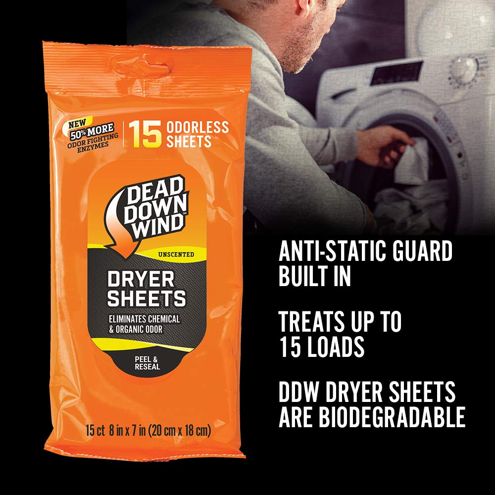 Dead Down Wind dryer sheets with built-in anti-static guard for clothes and gear.