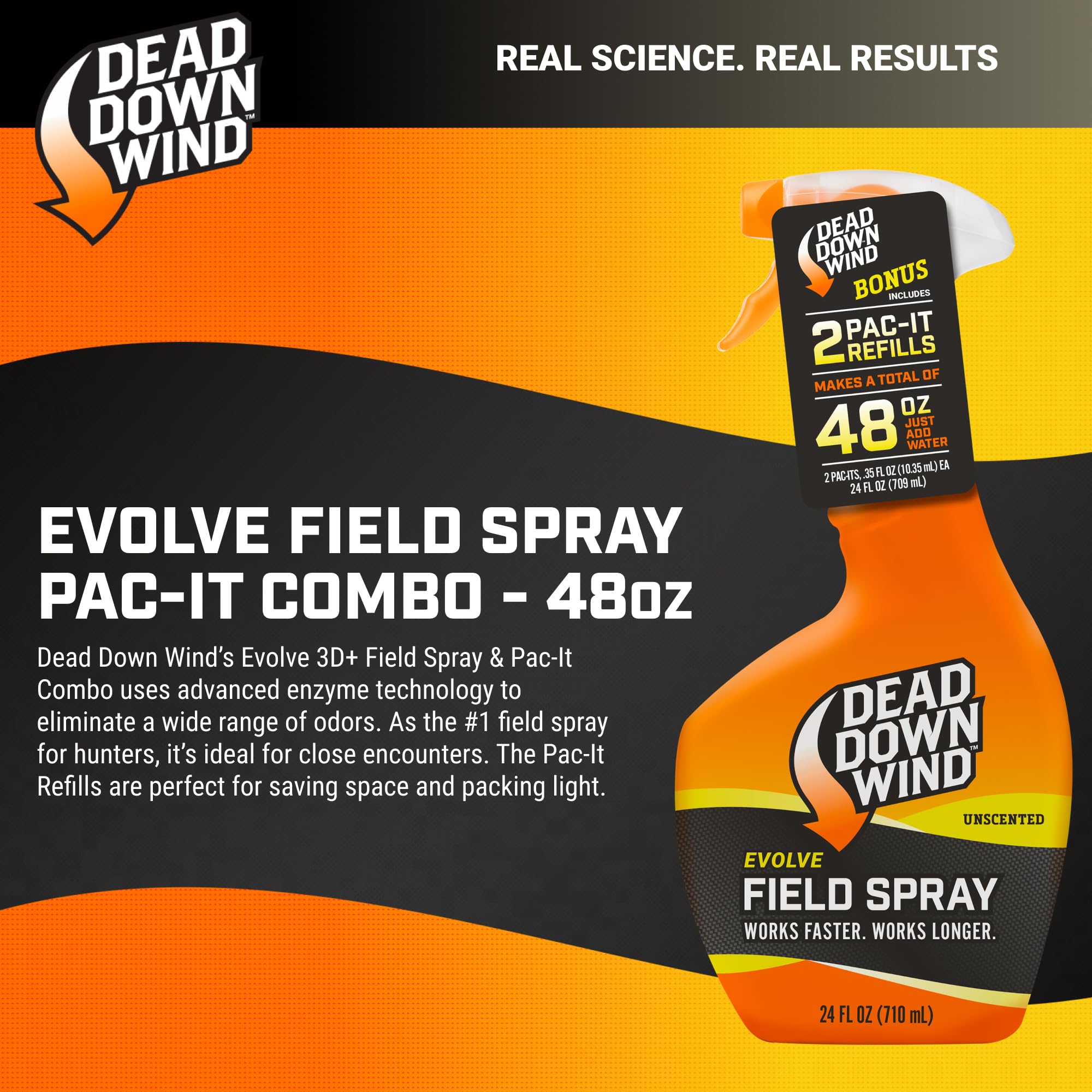 Closeup of Dead Down Wind Evolve label highlighting enzyme-based odor control.