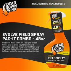 Closeup of Dead Down Wind Evolve label highlighting enzyme-based odor control.