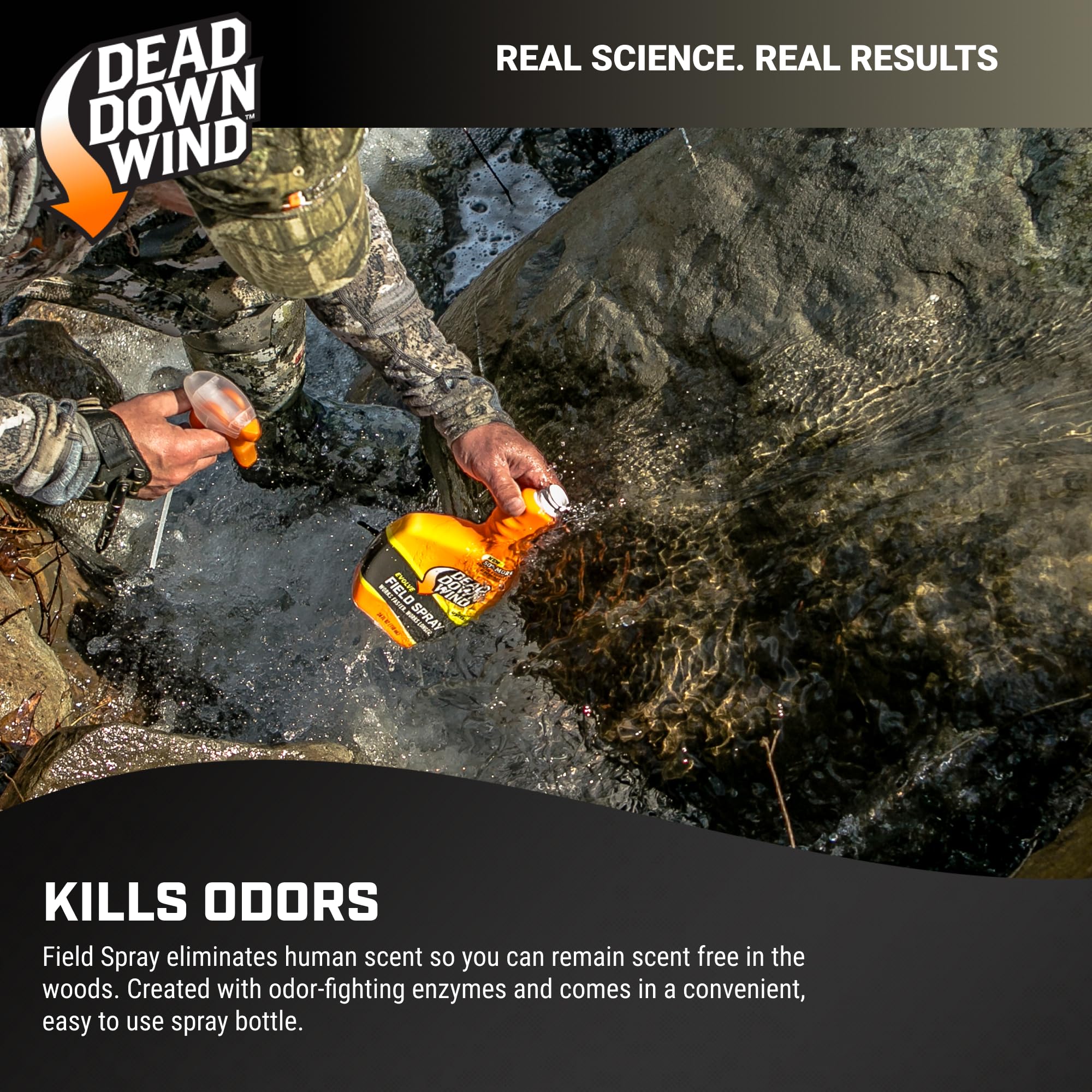 DEAD DOWN WIND odor-elimination enzymes spray bottle targets human scent effectively.