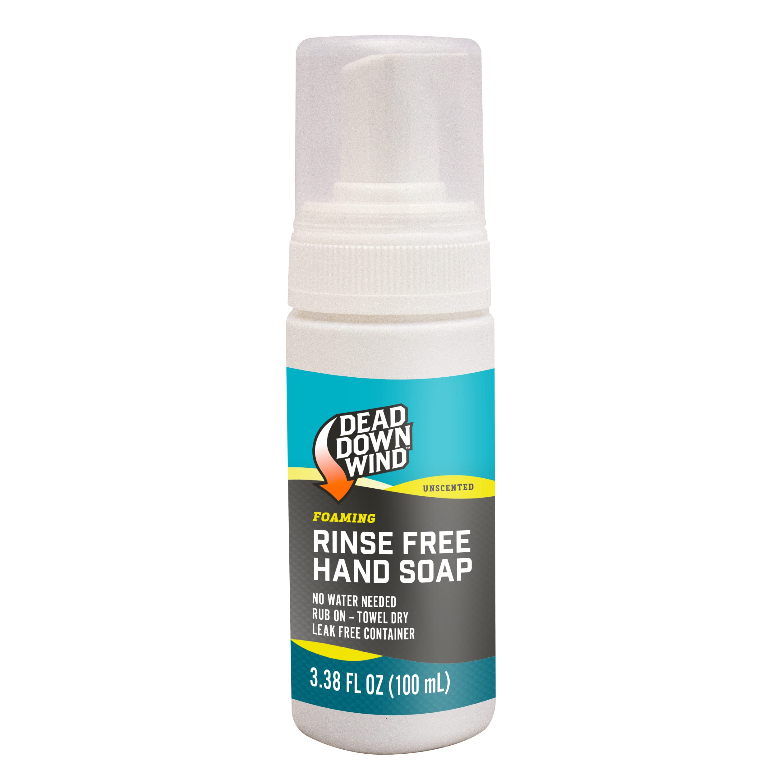 DEAD DOWN WIND scent-eliminating rinse-free hand soap bottle for on-the-go odor control.