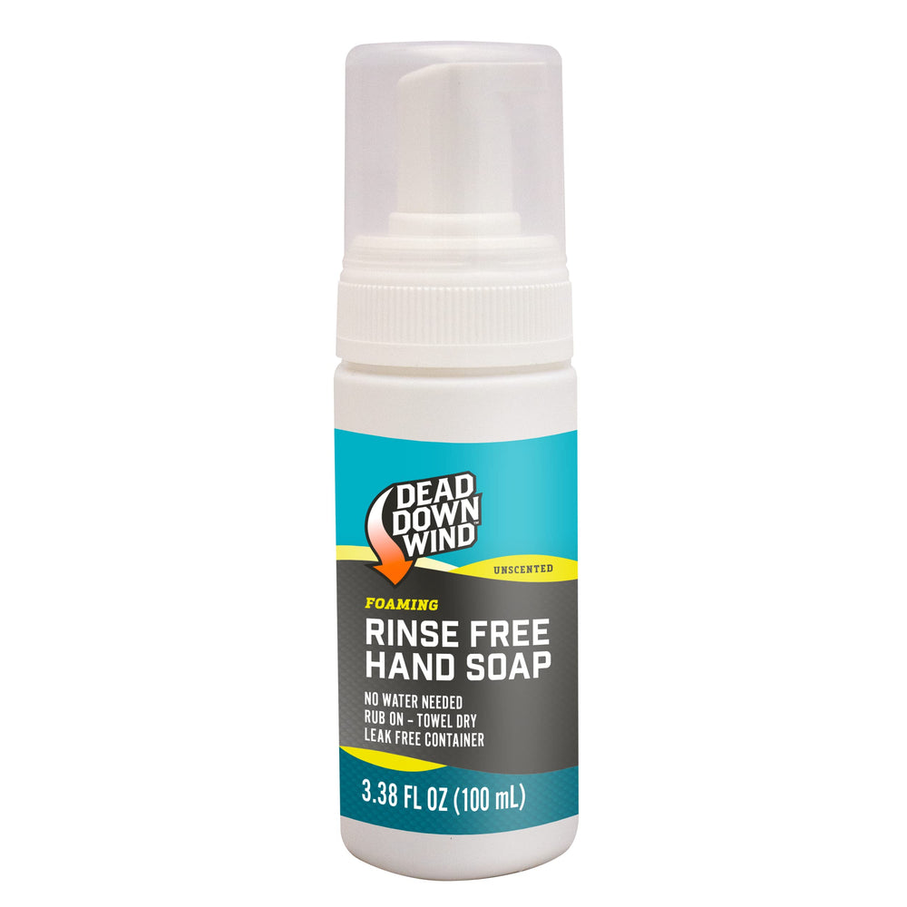 DEAD DOWN WIND scent-eliminating rinse-free hand soap bottle for on-the-go odor control.
