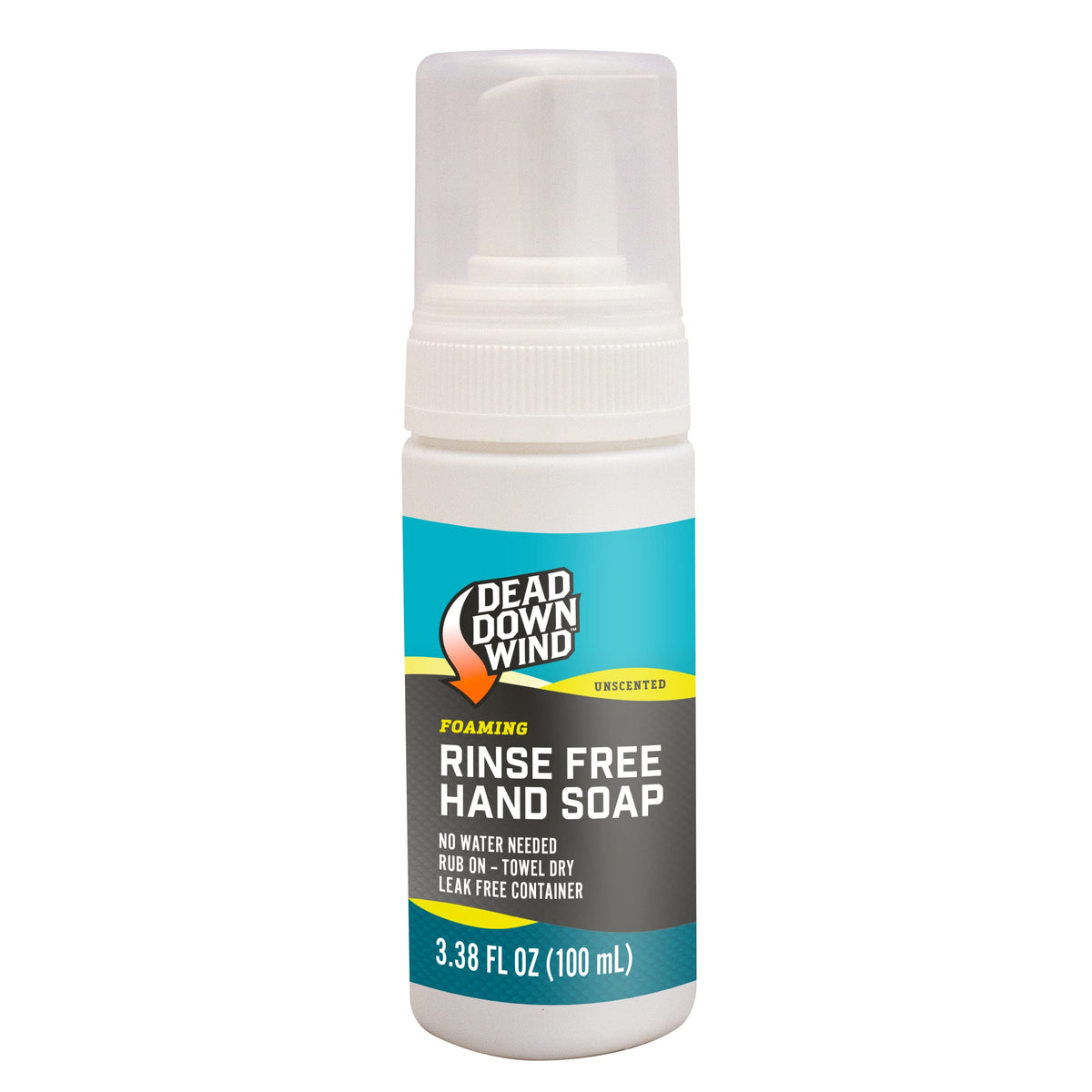 DEAD DOWN WIND scent-eliminating rinse-free hand soap bottle for on-the-go odor control.