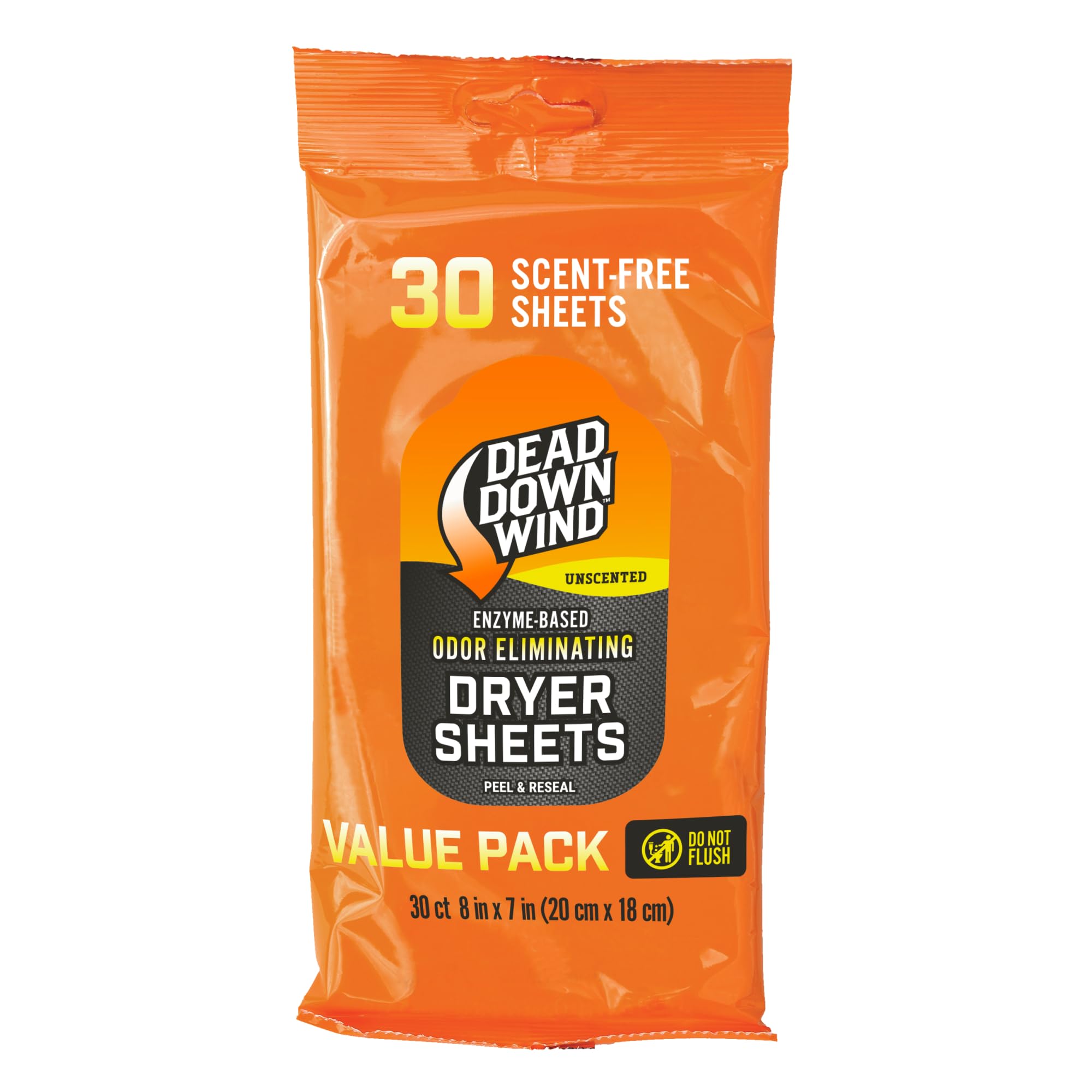 Dead Down Wind Scent Killing Dryer Sheets in a 30-count package for odor elimination.
