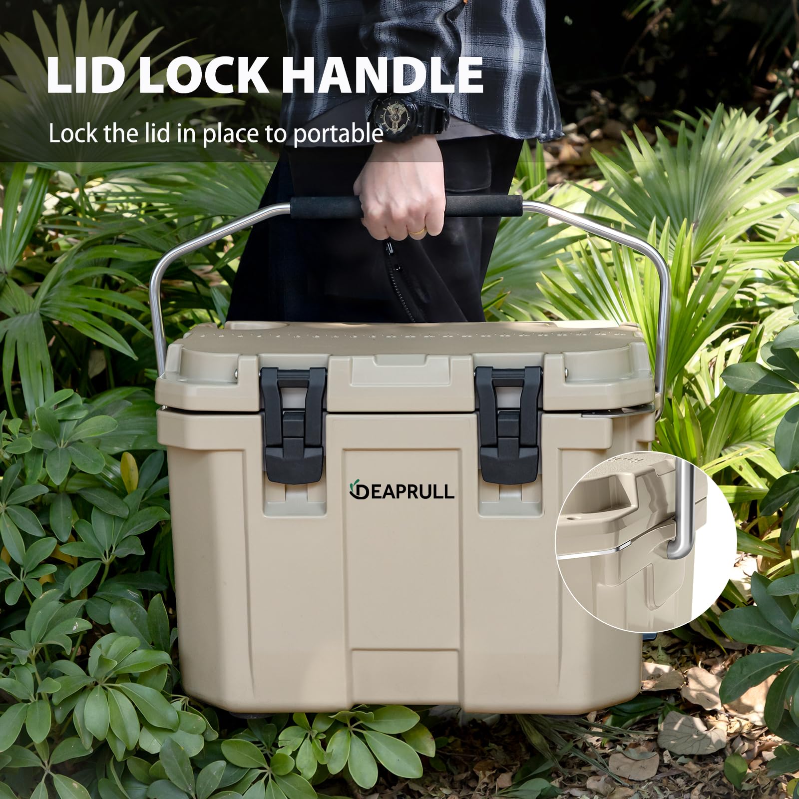 DEAPRULL 30QT cooler double-latches secure ice for long trips.