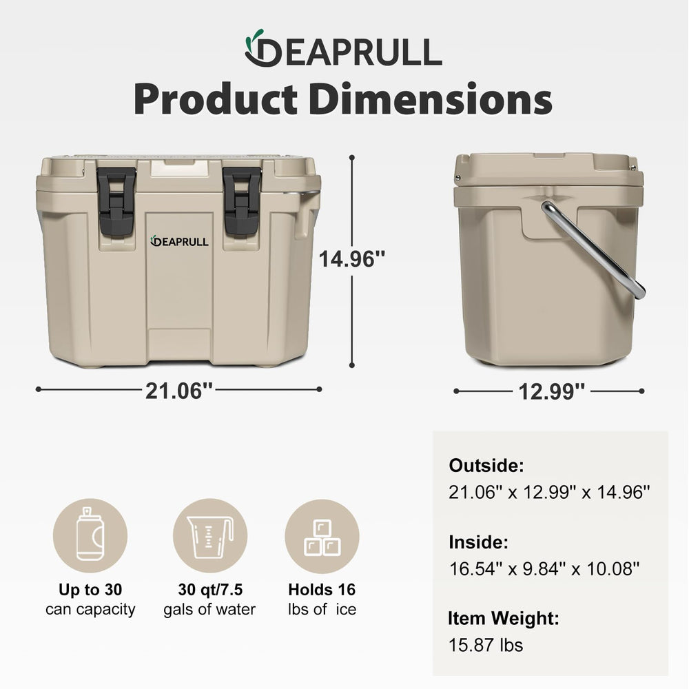 DEAPRULL 30QT cooler lid-open highlighting easy access and organization.