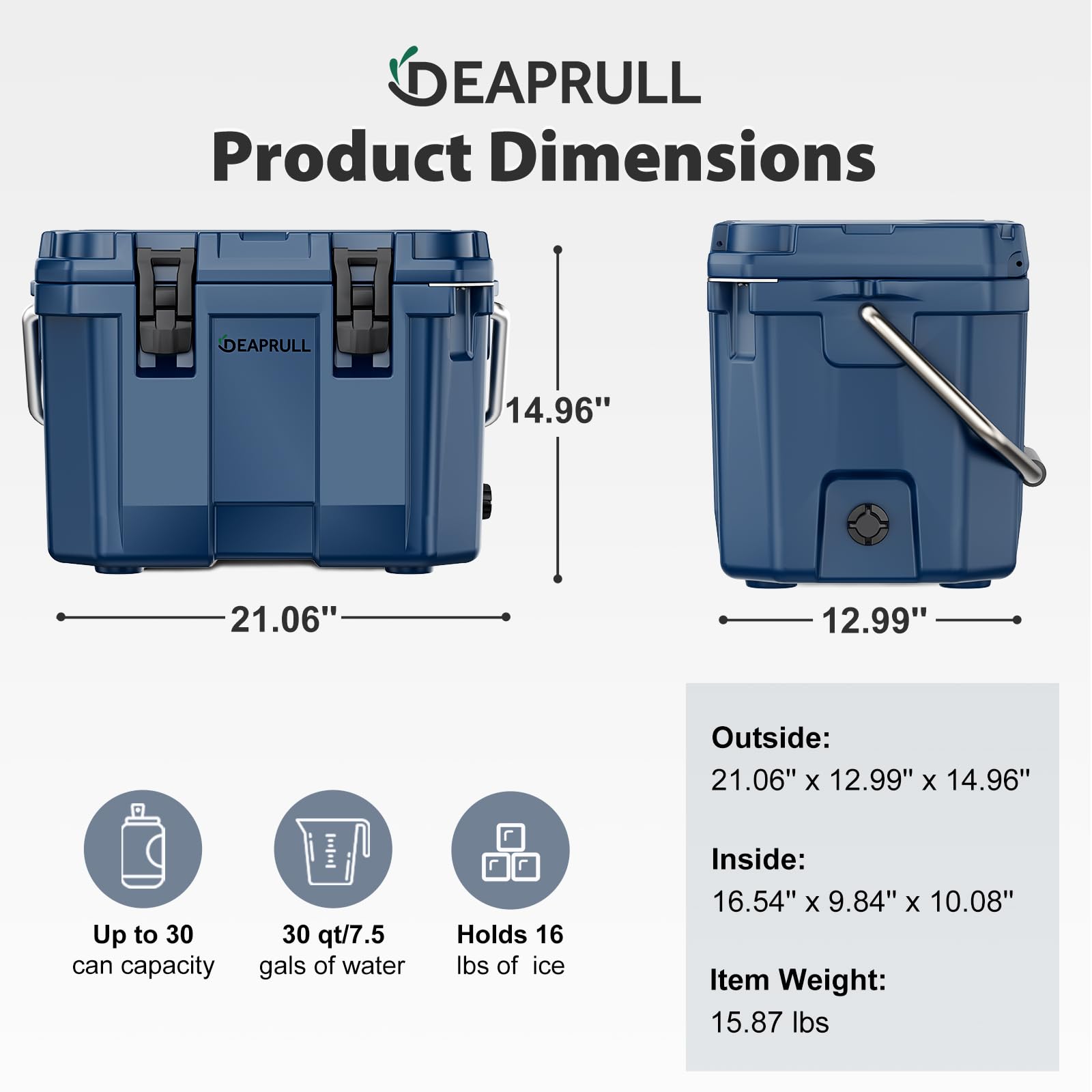DEAPRULL 30qt hard cooler open lid with ice demonstrates quick access and cooling power