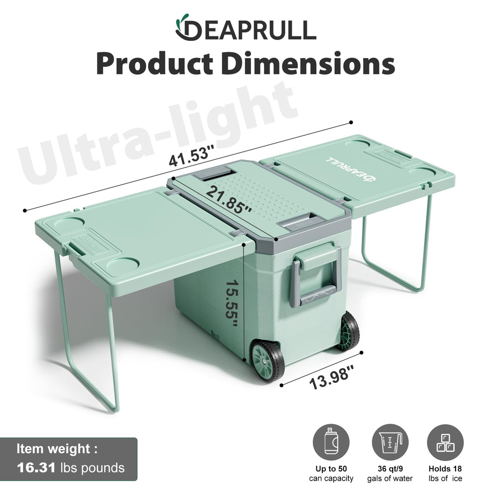 DEAPRULL 36QT cooler front-angle view shows rugged terrain mobility