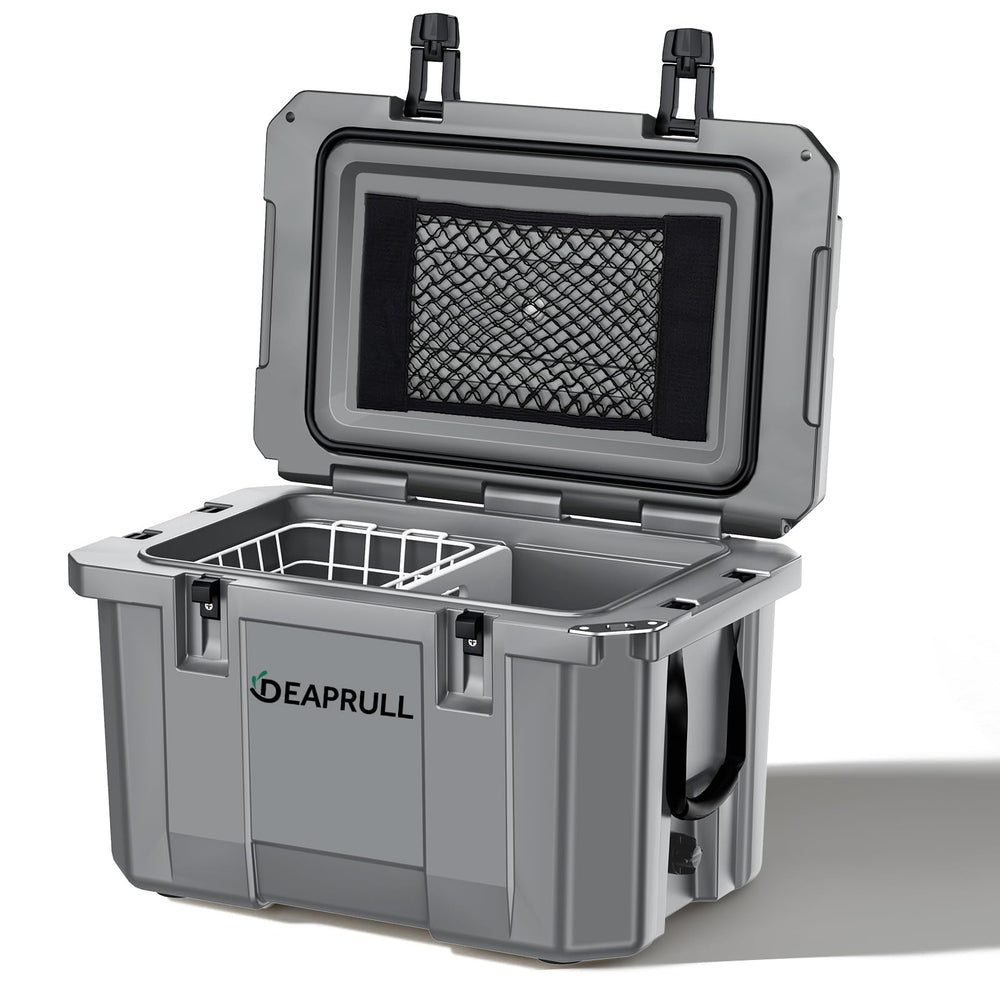 DEAPRULL 60qt cooler front view with rugged build and rope handles for easy transport.