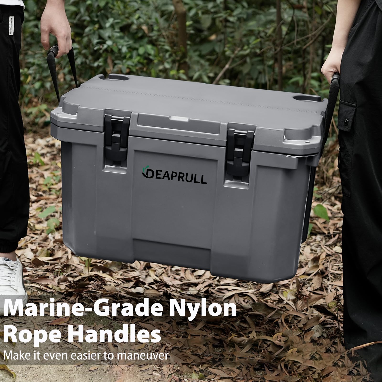DEAPRULL 60qt cooler rope handles promoting comfortable carrying on trips.