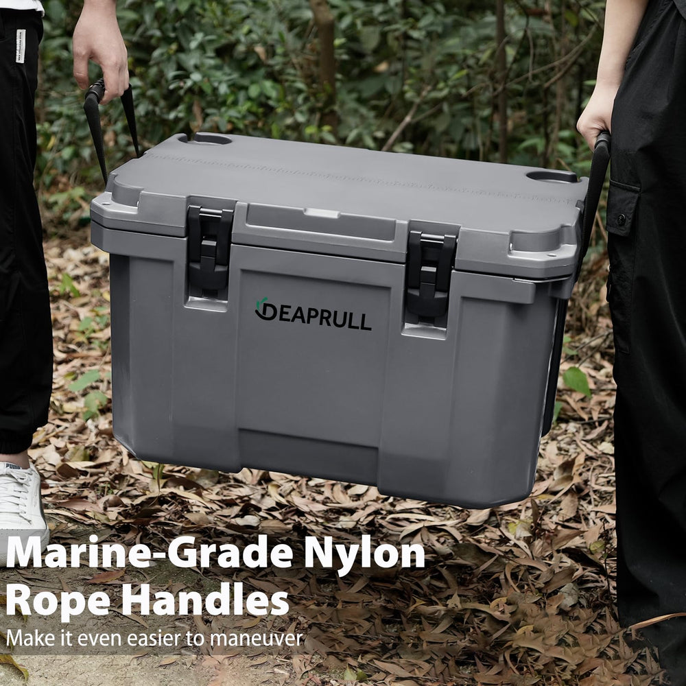 DEAPRULL 60qt cooler rope handles promoting comfortable carrying on trips.