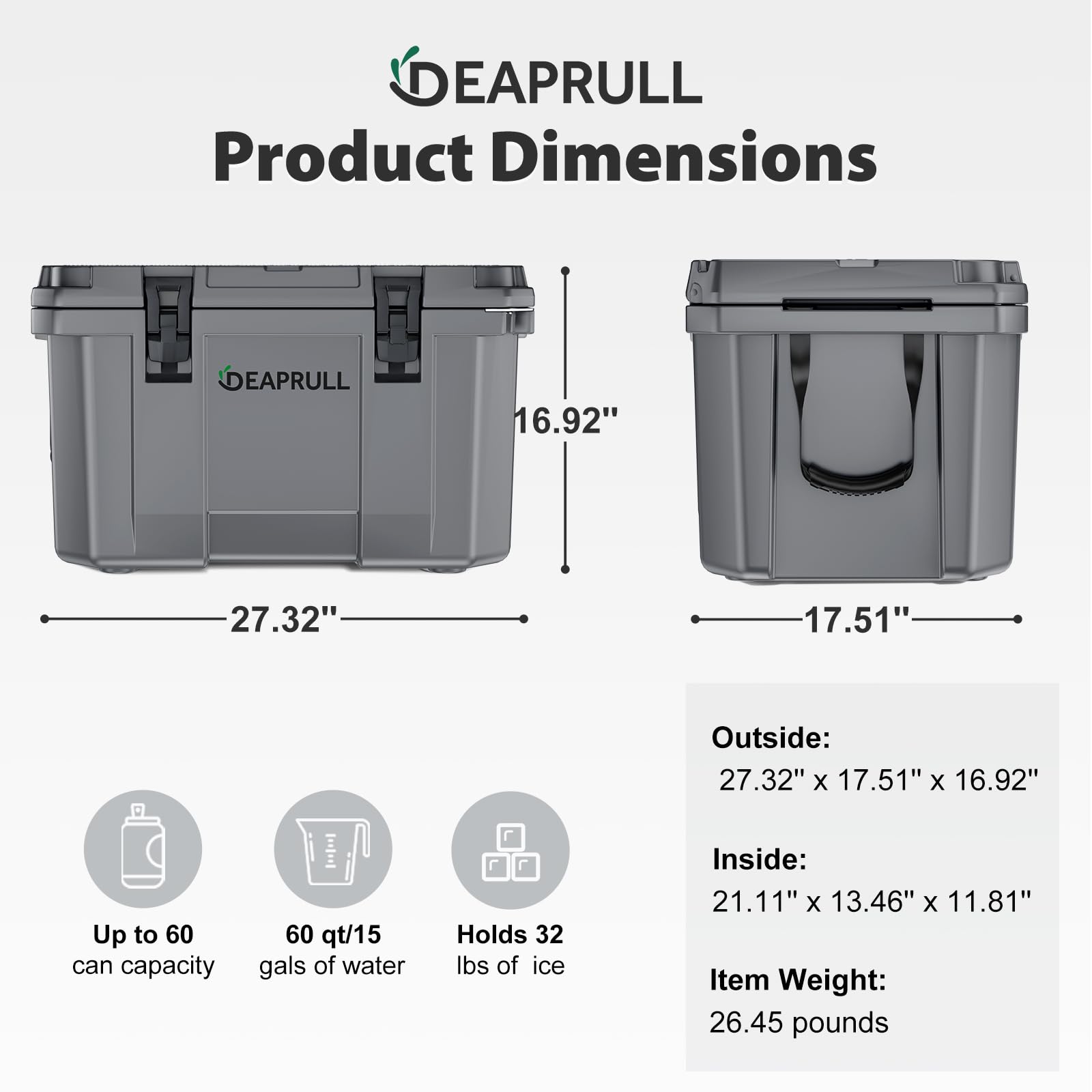 DEAPRULL 60qt cooler side view highlighting durable hinges and latches for reliability.
