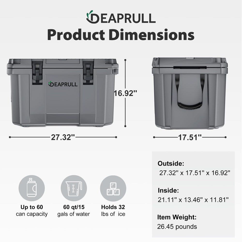 DEAPRULL 60qt cooler side view highlighting durable hinges and latches for reliability.