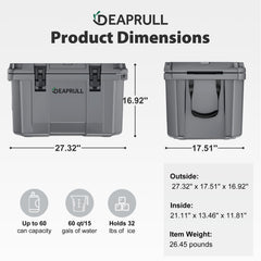 DEAPRULL 60qt cooler side view highlighting durable hinges and latches for reliability.