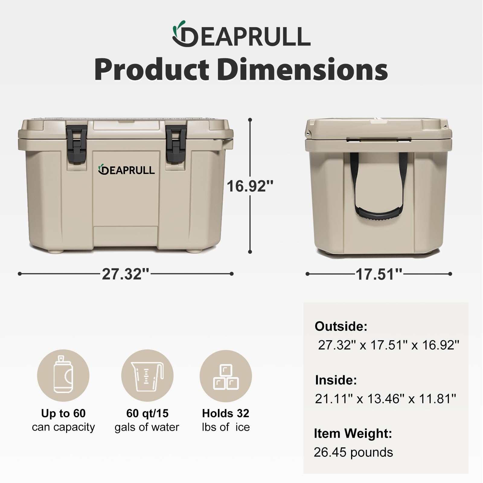 DEAPRULL 60qt hard cooler lid open with organized interior for quick access