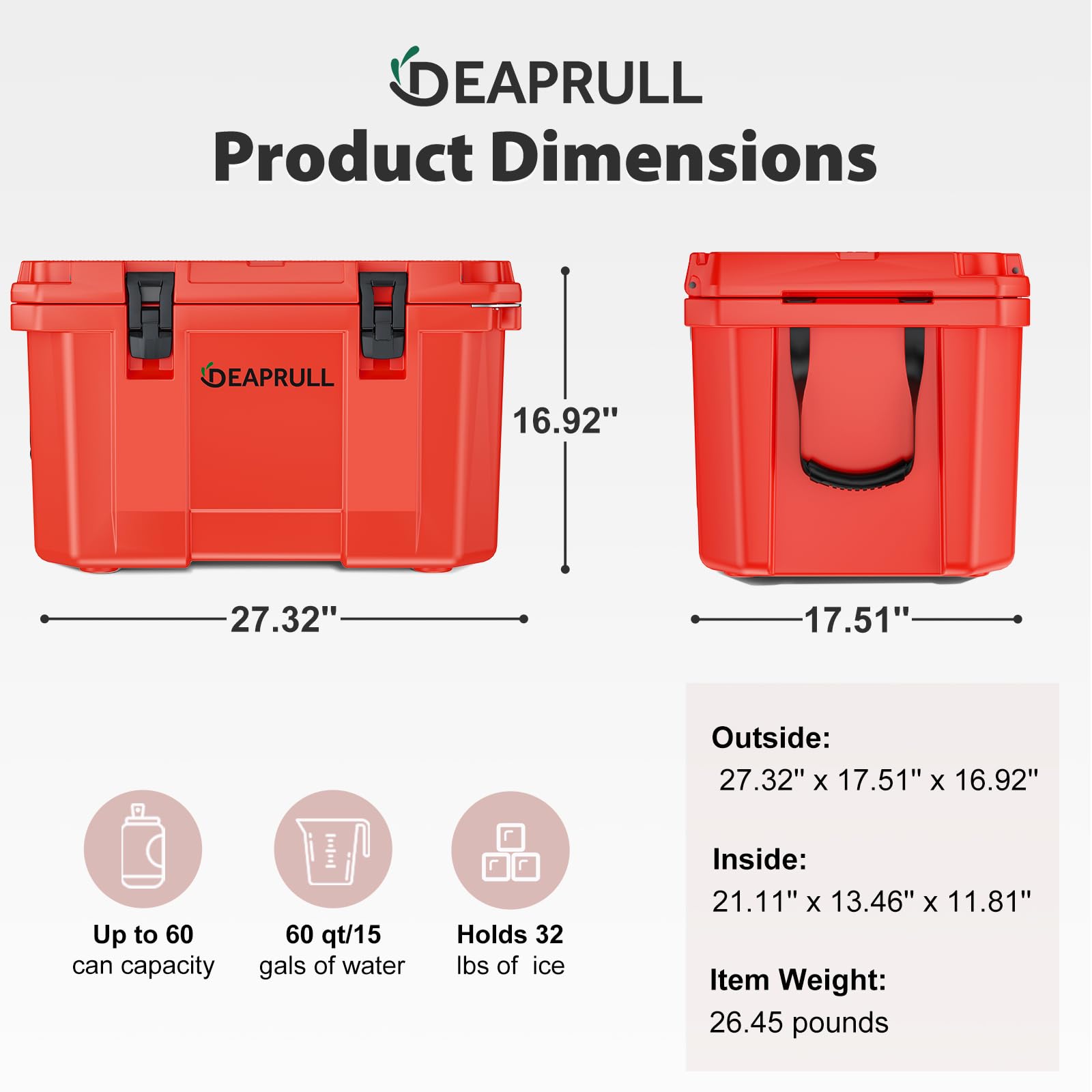 DEAPRULL 60QT hard cooler side view with nylon rope handles for easy transport