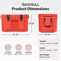 DEAPRULL 60QT hard cooler side view with nylon rope handles for easy transport