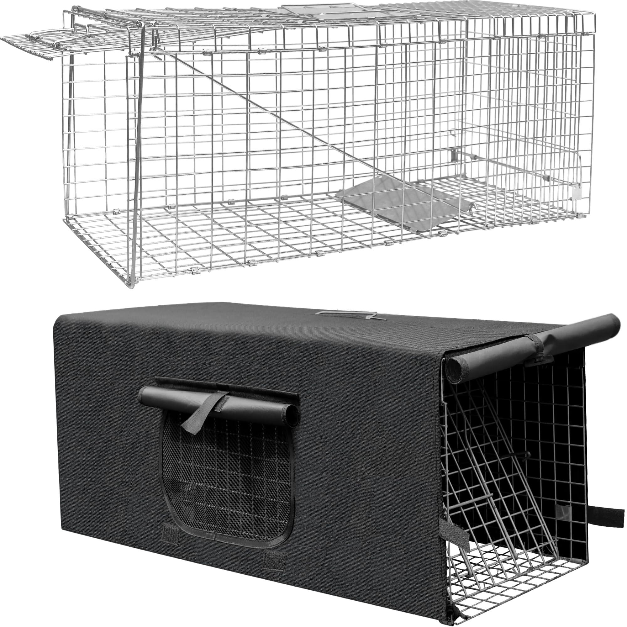 Deblue live trap cage with cover in yard providing calm shelter