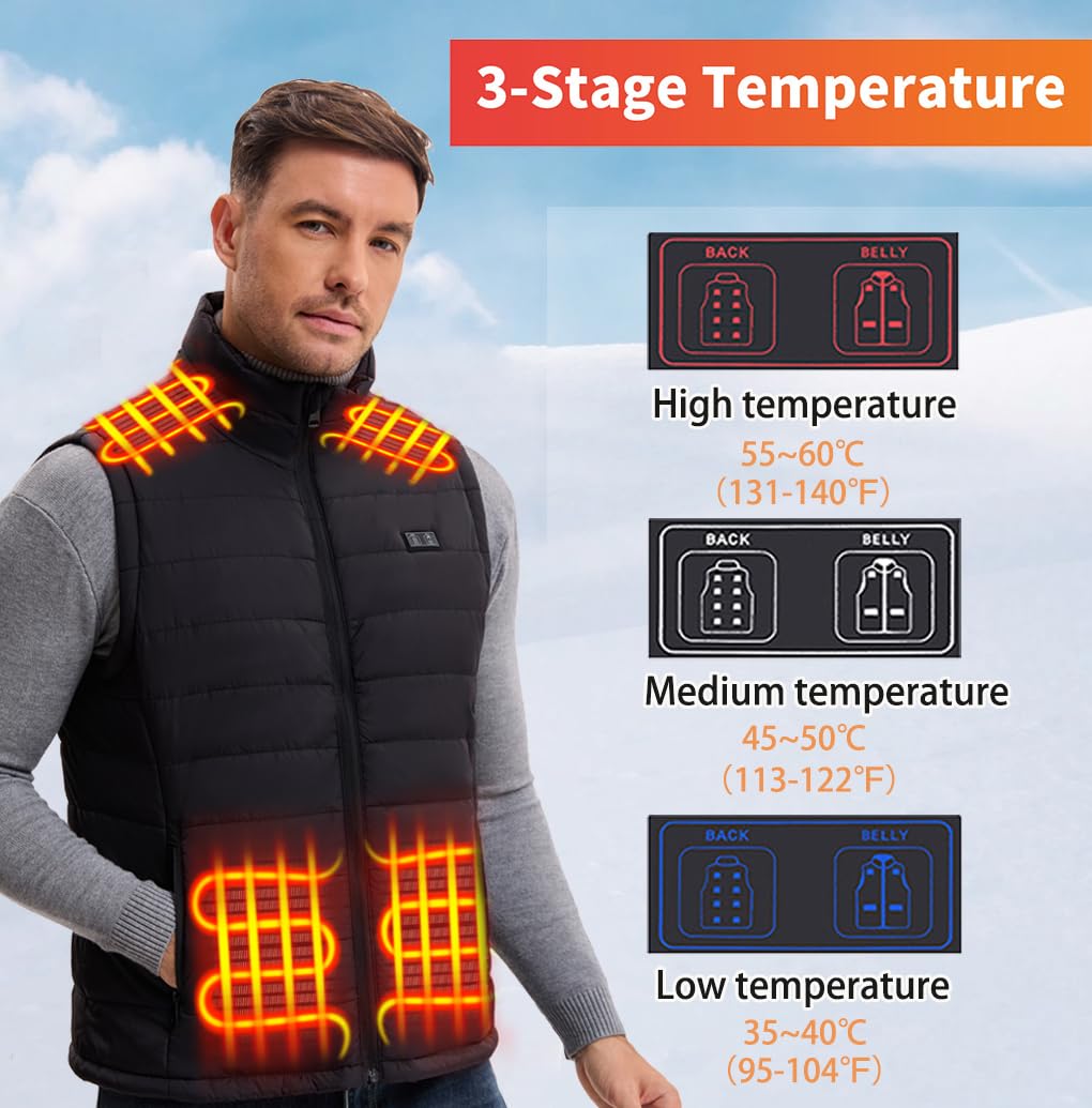Deceny CB heated vest shows three heating levels for customizable comfort.