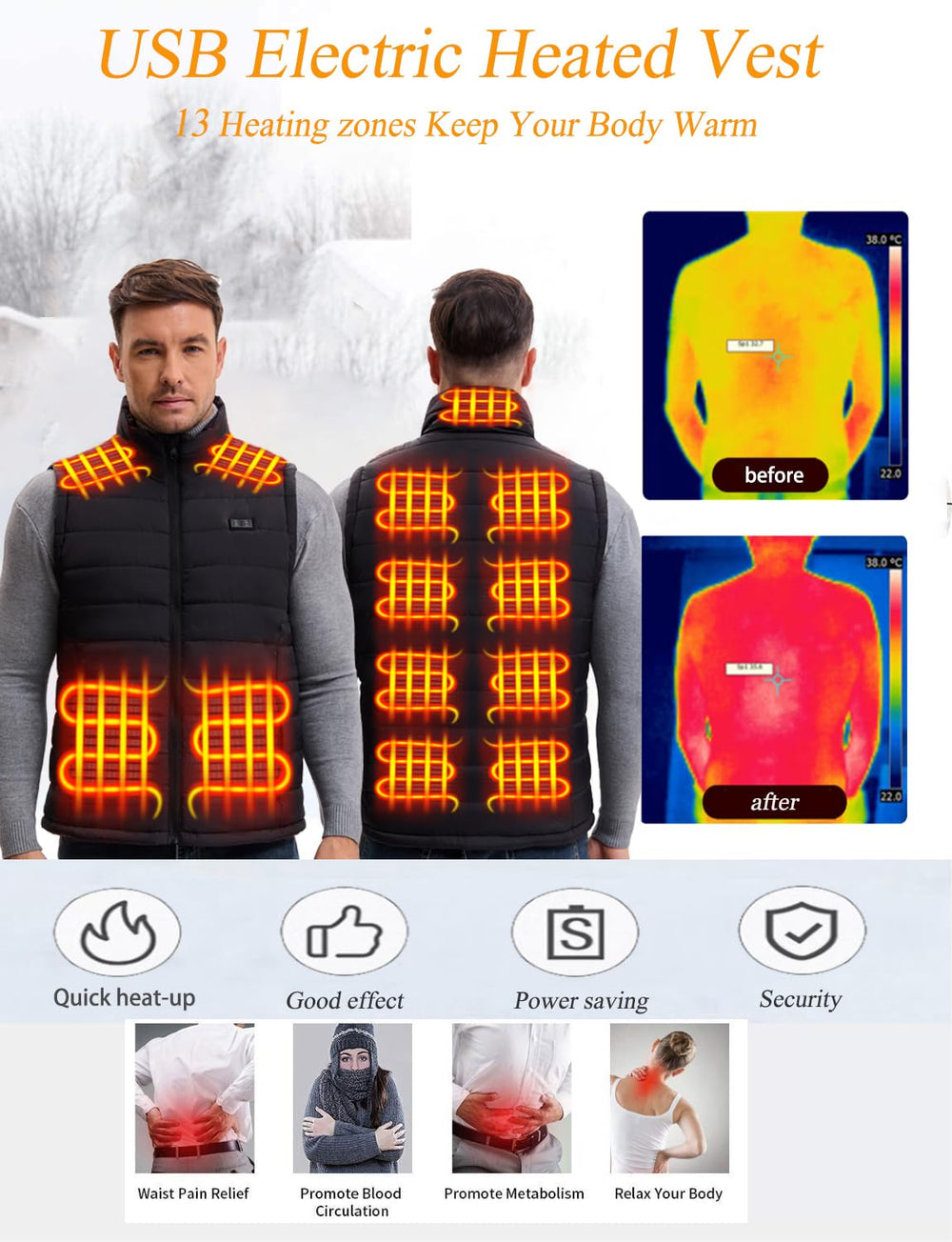 Deceny CB heated vest back heat zones deliver even warmth for outdoor activities.