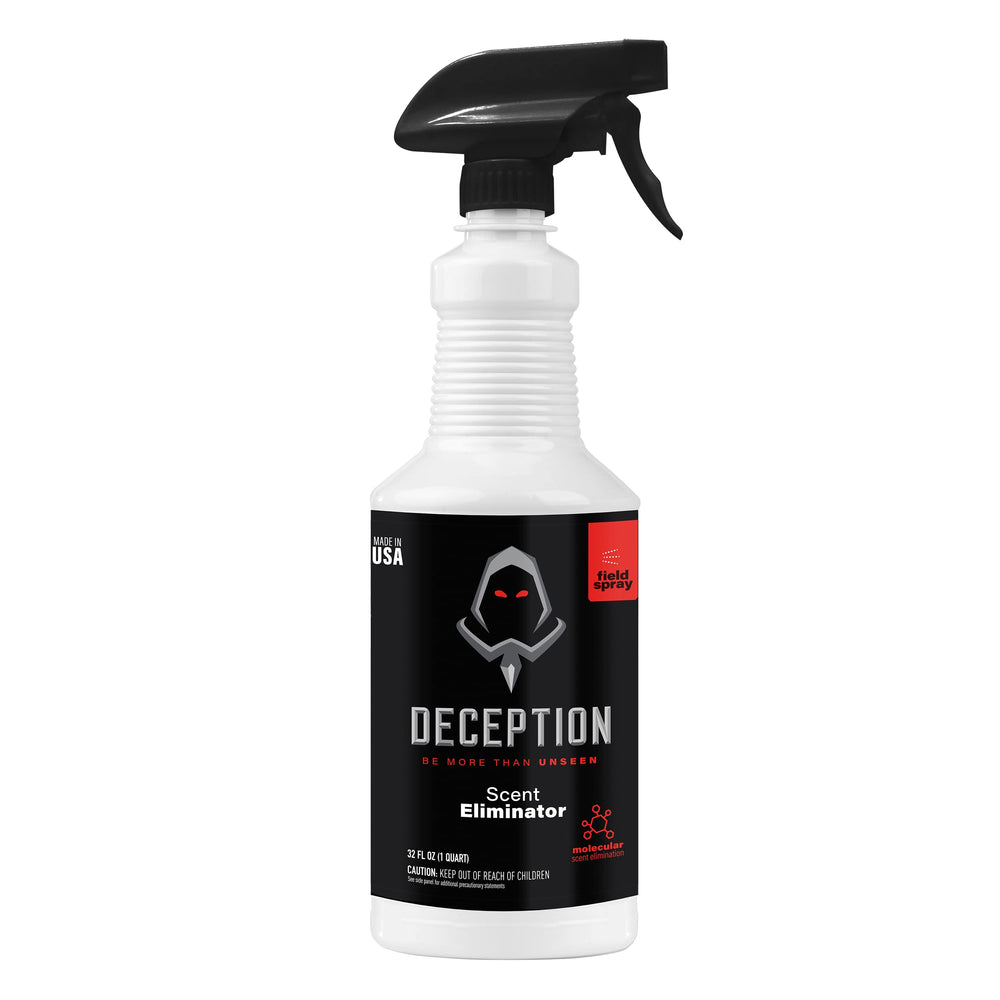 Deception Scents hunting field spray bottle eliminates odors at the source on gear.