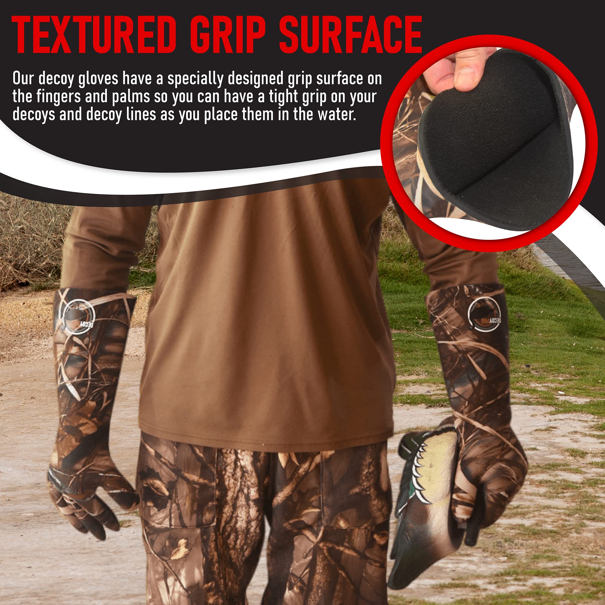 DecoyPro duck hunting gloves in action in cold wet conditions.