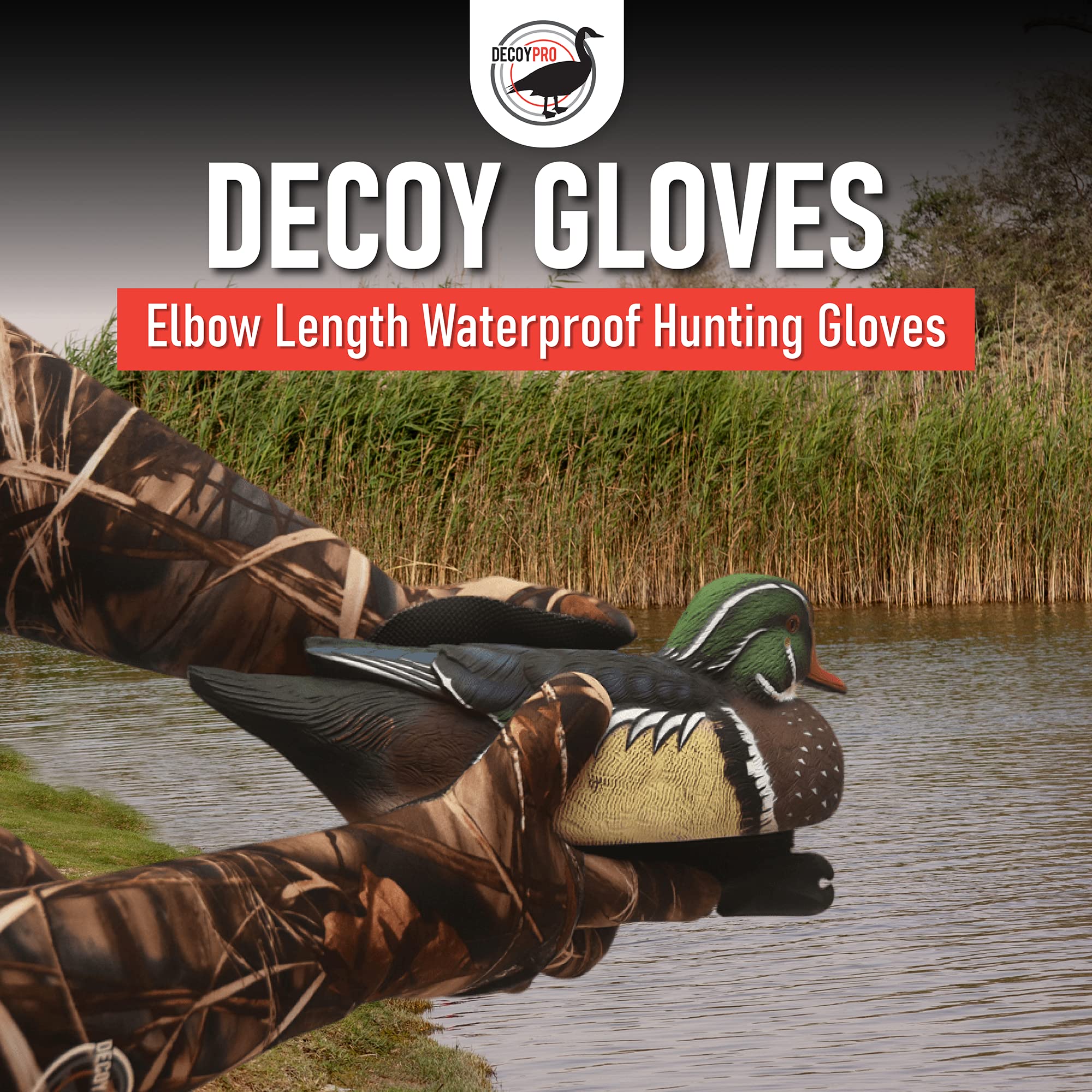 DecoyPro elbow-length camouflage gloves extend protection while arranging decoys.